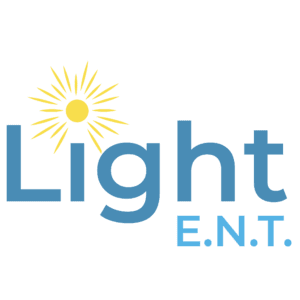 The Light E.N.T. logo. Blue words with a yellow sun above the I.