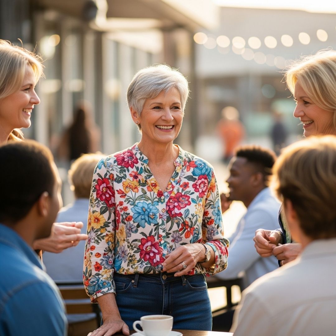 older woman with hearing aids joining in a conversation
