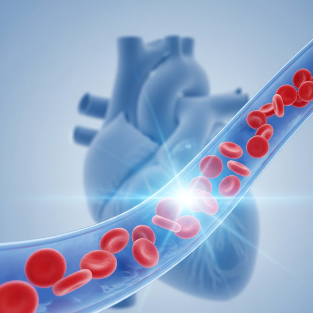 A stylized illustration of healthy blood vessels with red blood cells and a subtle heart outline, representing cardiovascular health.