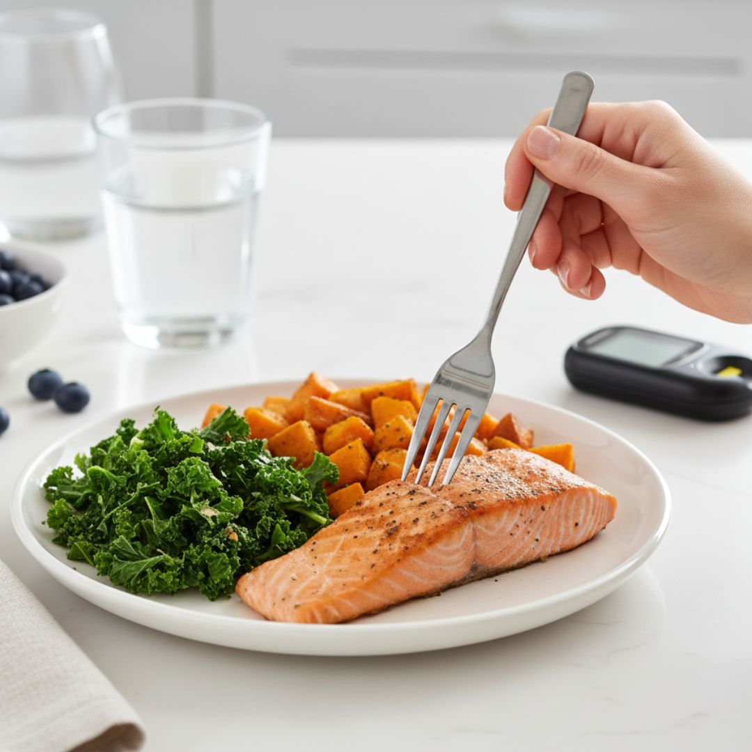 A healthy, balanced meal on a plate, symbolizing effective diabetes management.