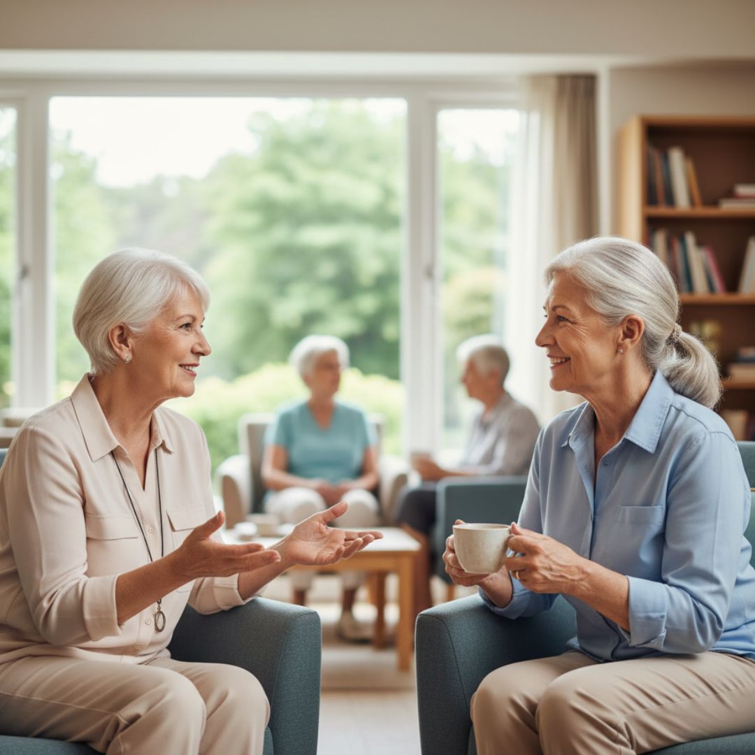 wo seniors happily conversing in a comfortable senior living community lounge.