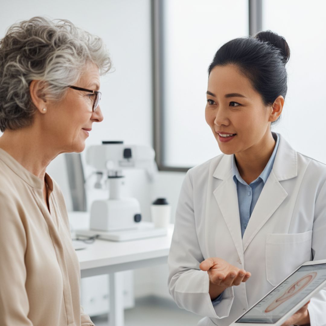 A compassionate ear nose and throat doctor speaking with a senior patient in an office, showing an illustration of the ear on a tablet.