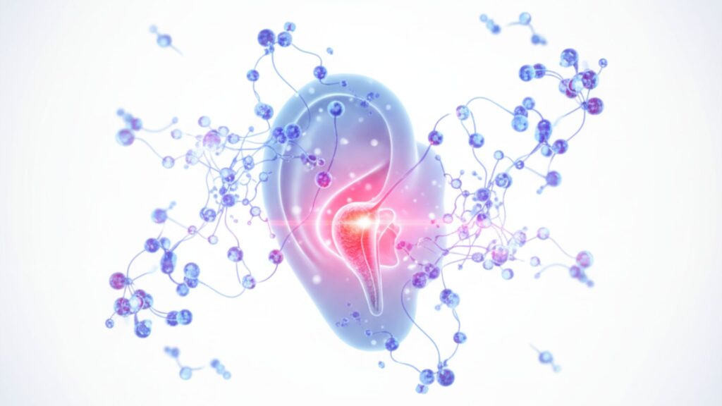 An abstract medical illustration representing the body's immune system interacting with an ear, symbolizing autoimmune disease impacting hearing.