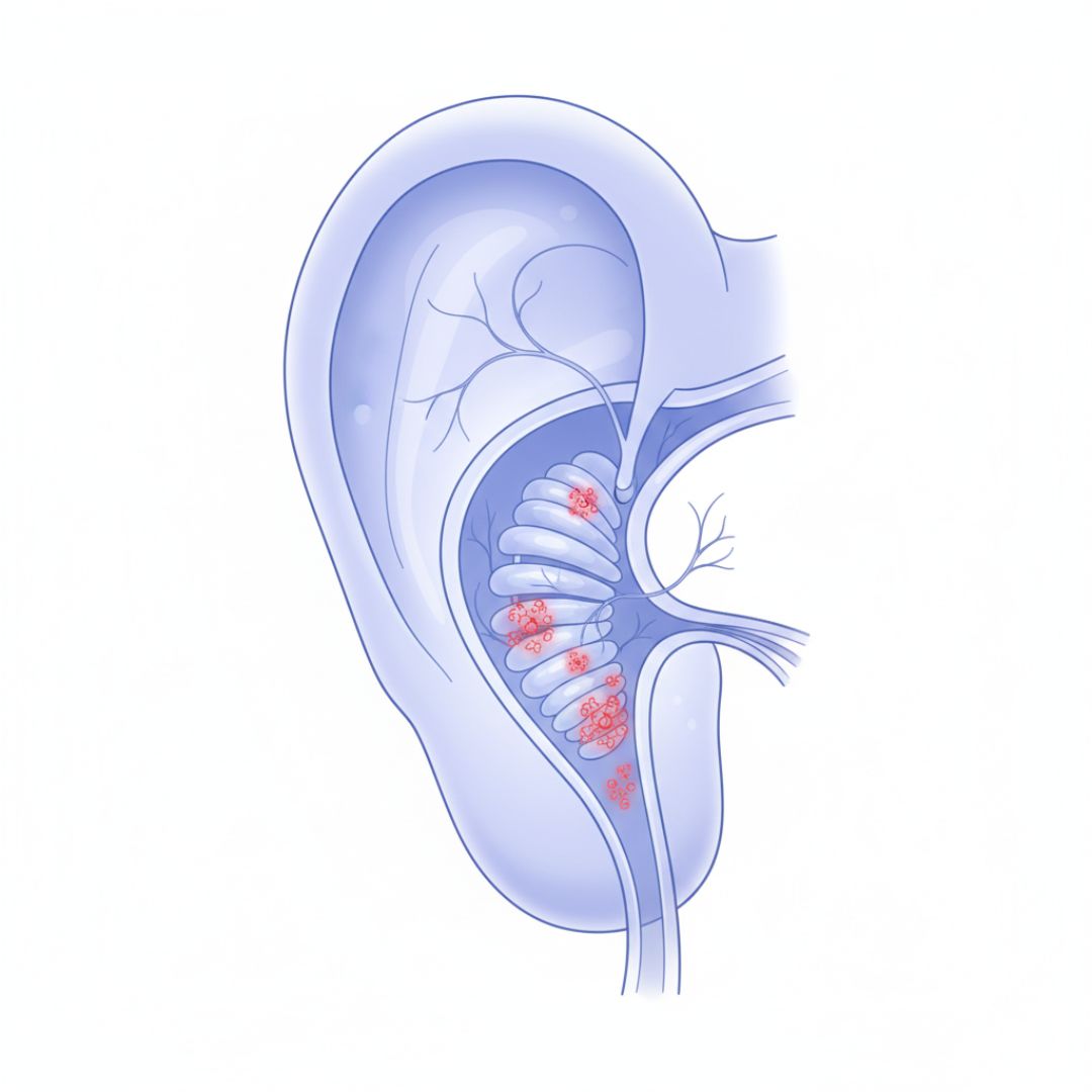 A medical illustration of the inner ear, focusing on the cochlea with highlighted areas indicating inflammation or damage.