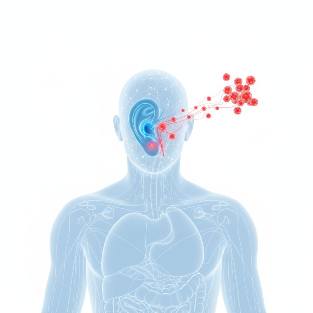 An abstract graphic of a human silhouette with an ear highlighted, showing pathways connecting to red inflammatory cells, symbolizing systemic autoimmune impact.