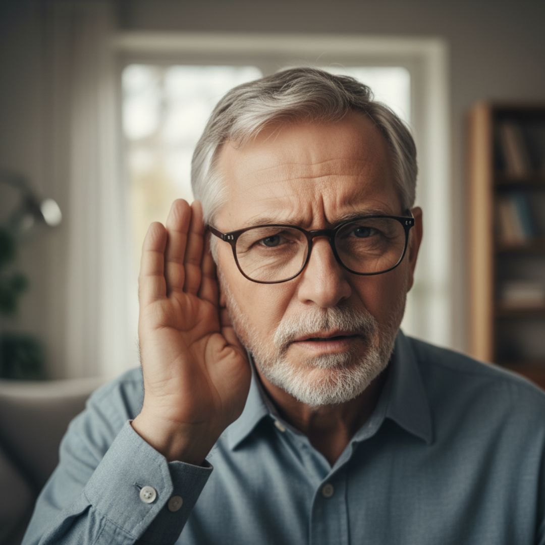 A senior man looking confused and cupping his ear, indicating difficulty hearing or a new auditory symptom.