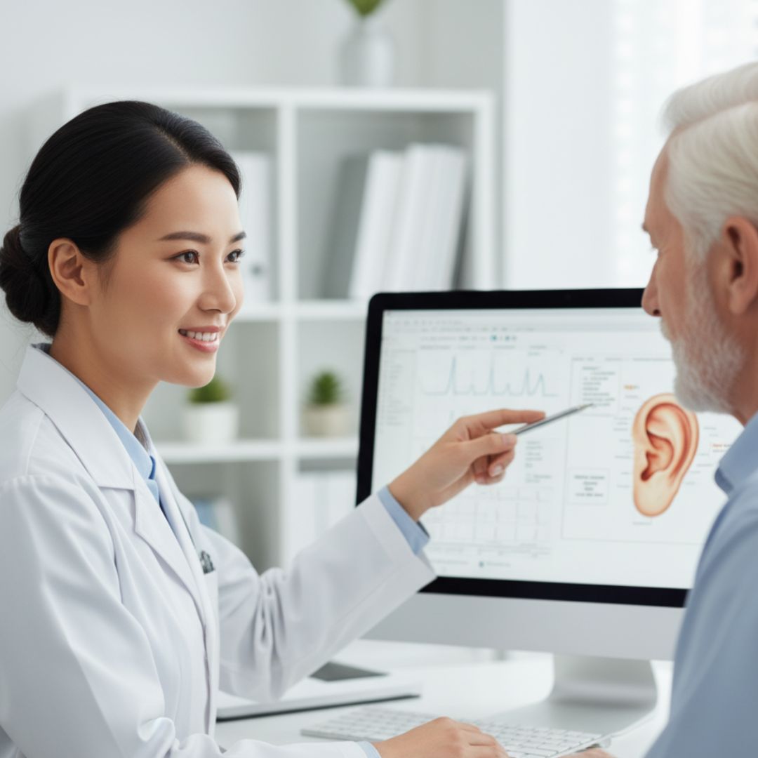 A compassionate ear nose and throat doctor consulting with a patient, pointing to an anatomical diagram of the ear on a computer screen.