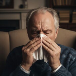 man blowing his nose at home