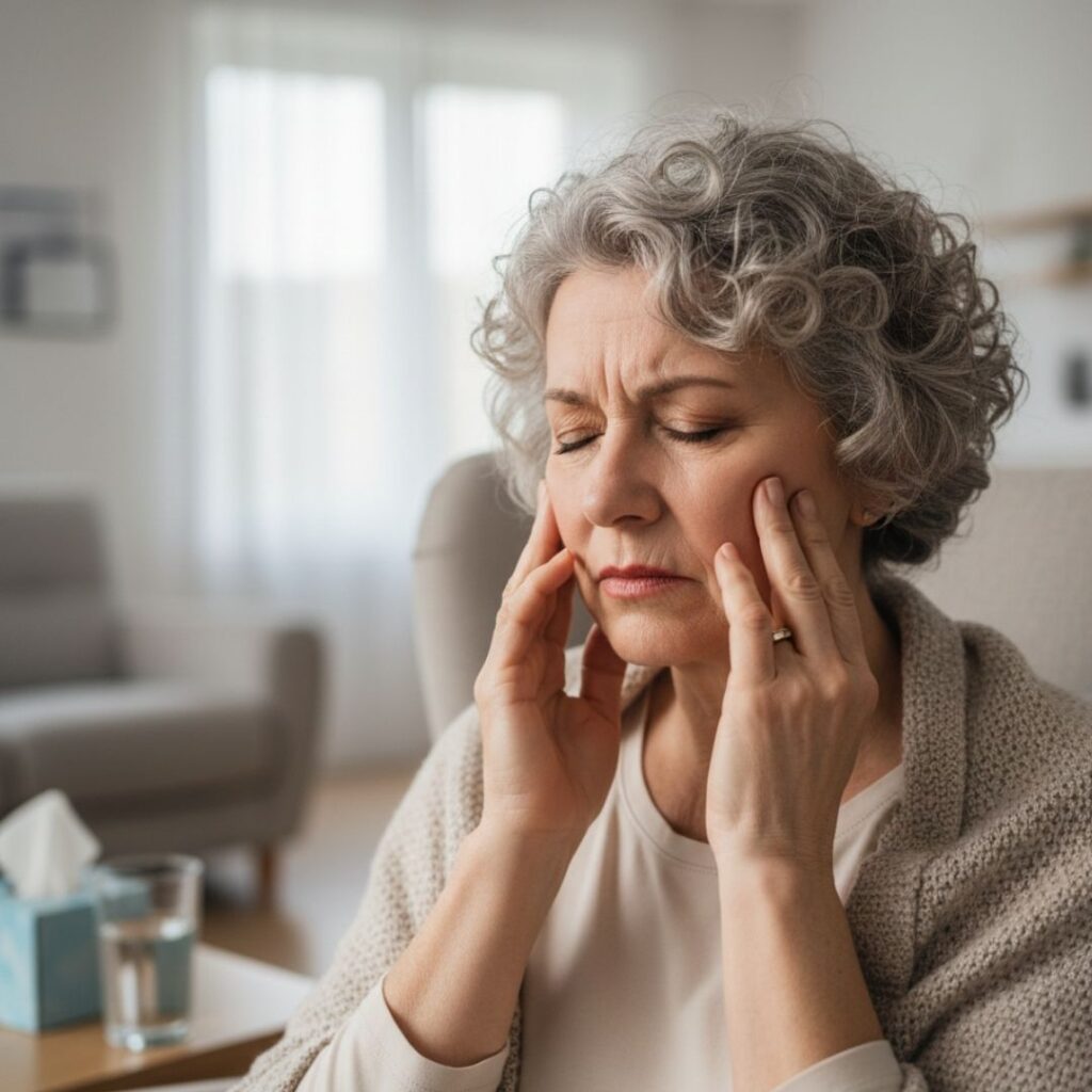 woman touching her face