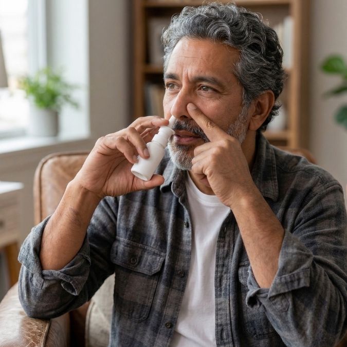 man using nasal spray
