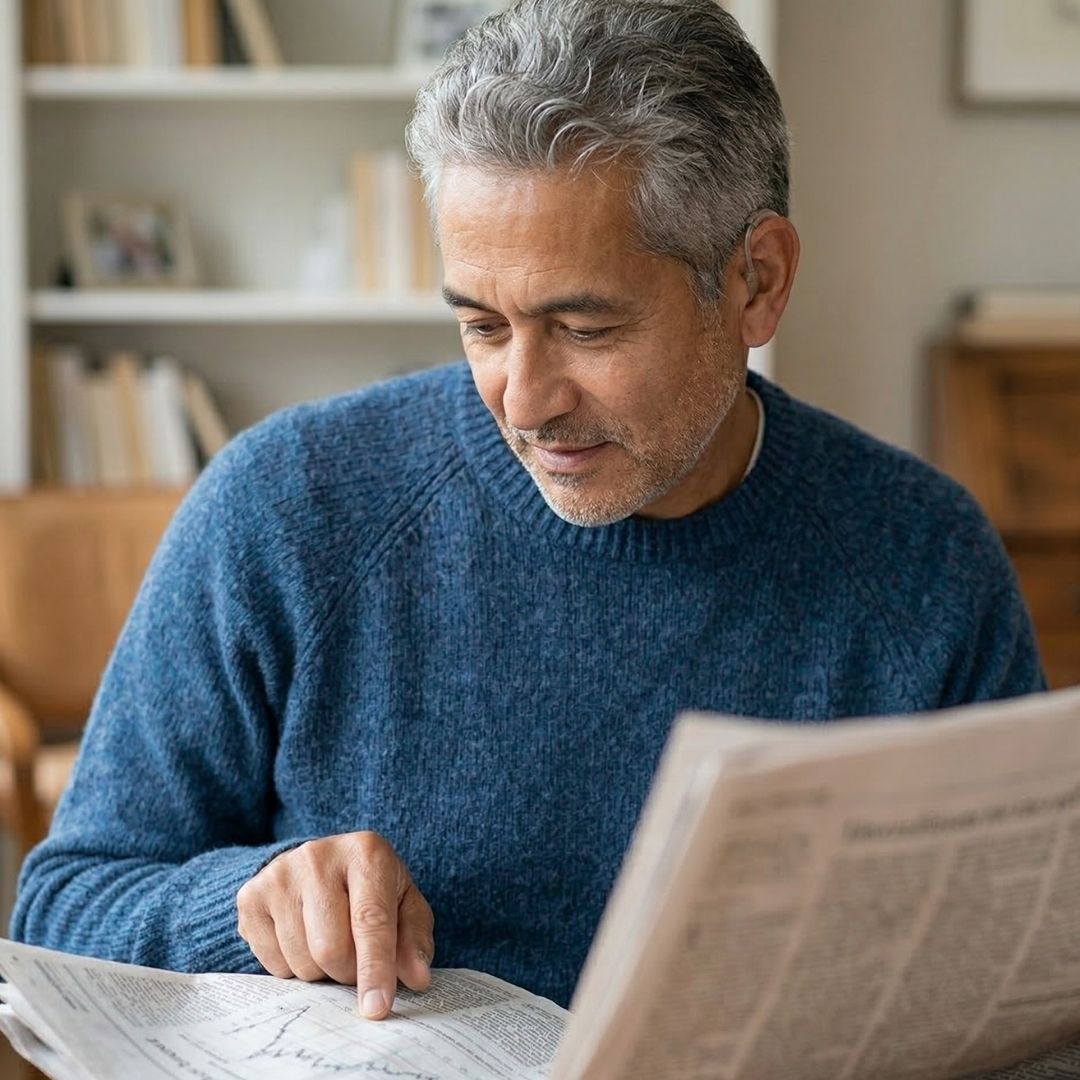 A 1:1 close-up of a senior man wearing a hearing aid, showing concentration while tracing a complex graph in a newspaper with his finger.