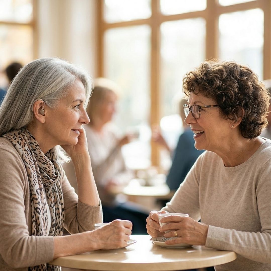 A 1:1 close-up of two senior women smiling and engaging in conversation at a small table, illustrating social re-engagement through hearing care.