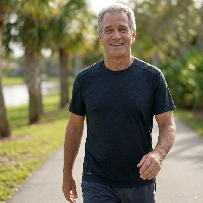 man out walking breathing well and smiling