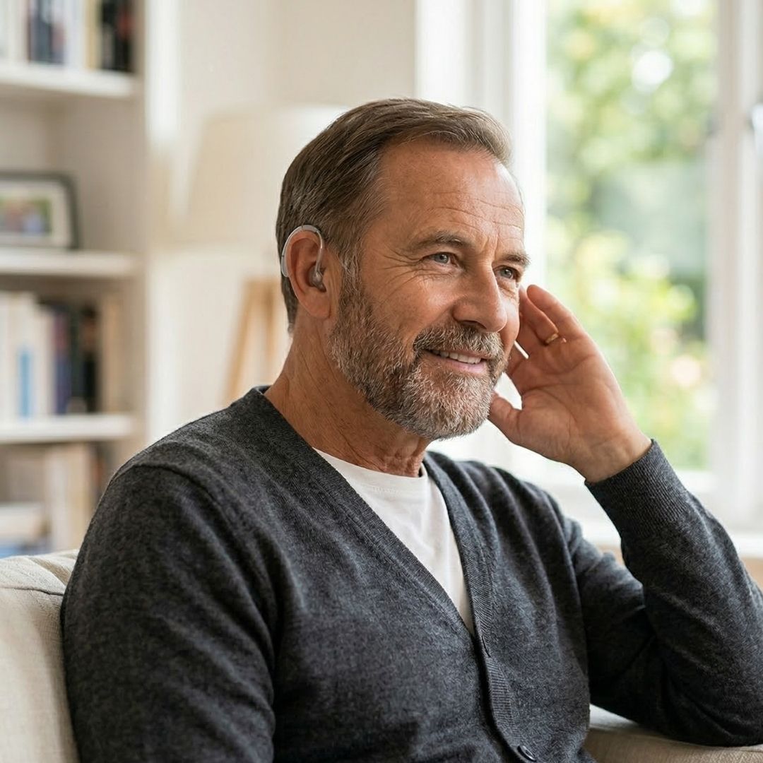 A 1:1 close-up portrait of a confident senior man smiling and adjusting a subtle hearing aid in his ear, symbolizing re-engagement.