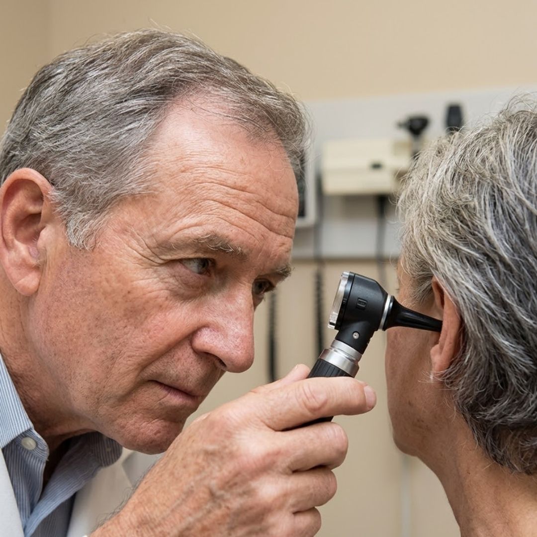 An ENT doctor examines a patient's ear with an otoscope.