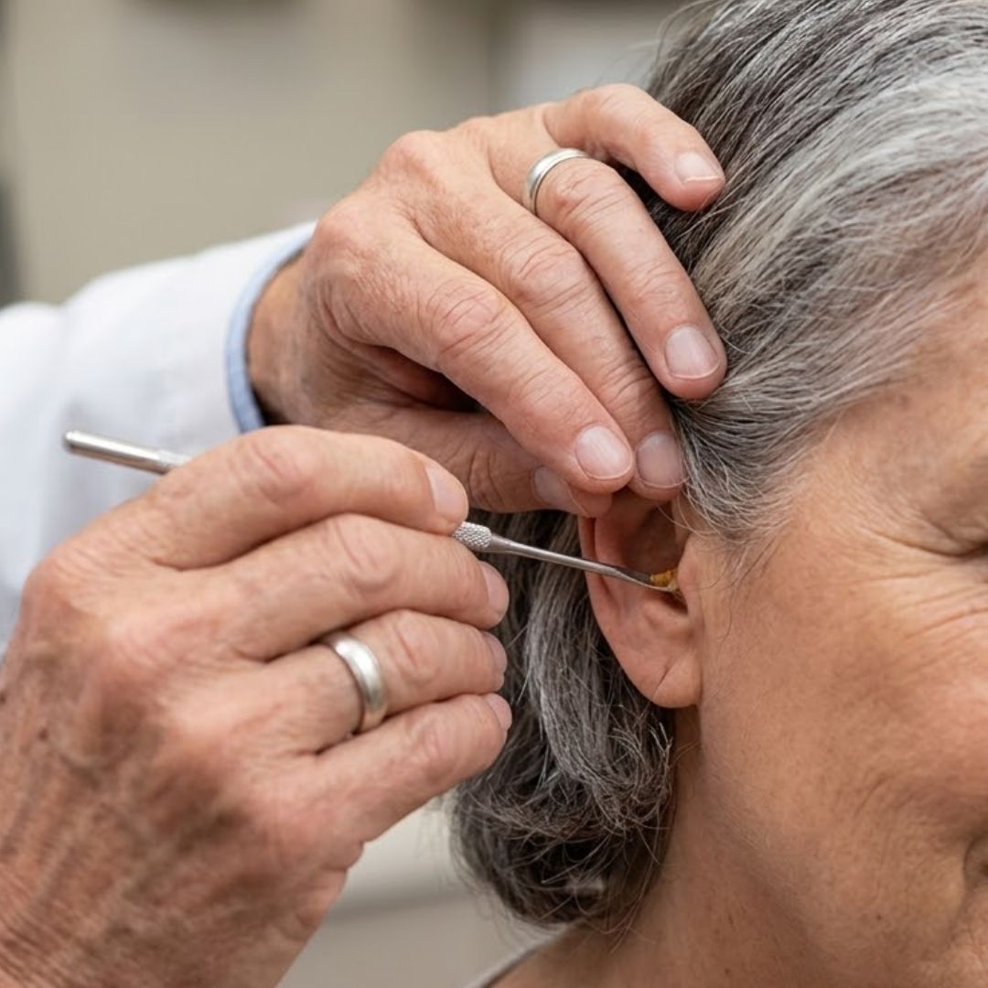 A doctor’s hands remove earwax blockage from a senior woman’s ear.