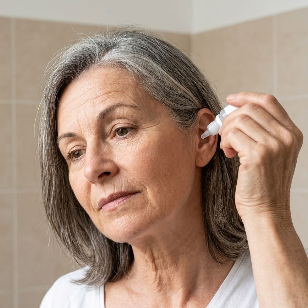 A 60-year-old woman comfortably applying medicinal ear drops.