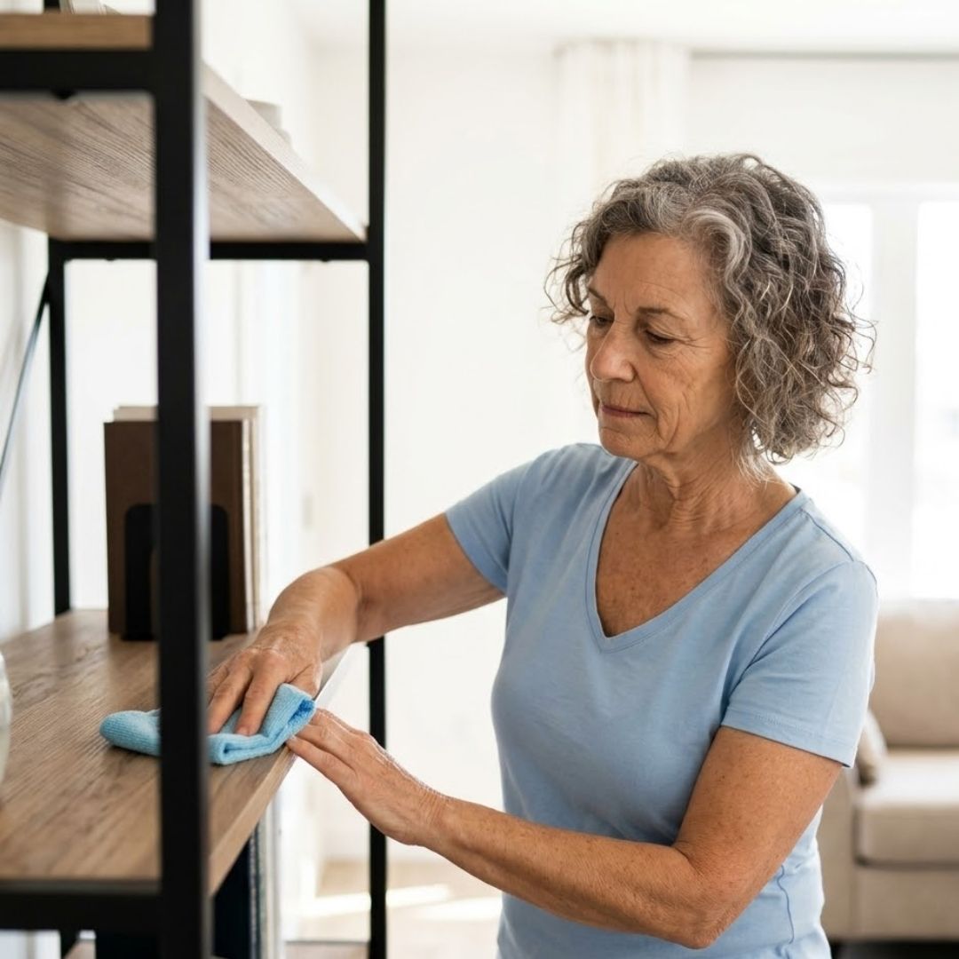 A woman in a sunlit living room wipes dust from a shelf using a microfiber cloth.