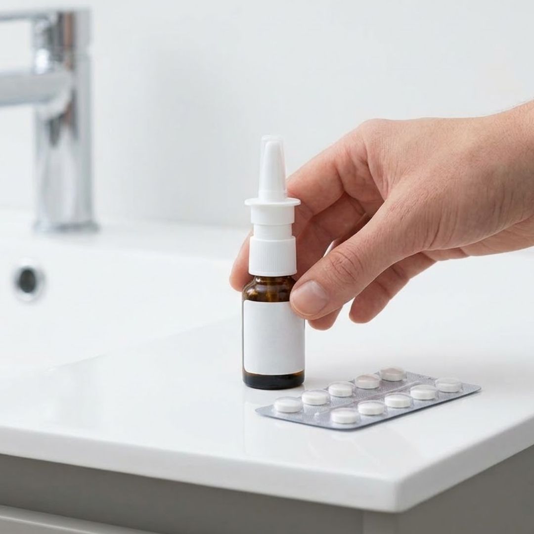 A hand reaches for a bottle of nasal spray and a pack of tablets resting on a clean bathroom counter.